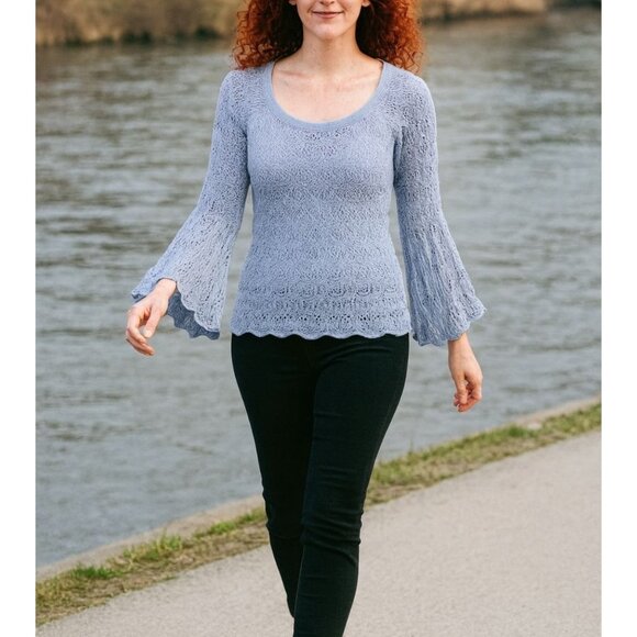 Y2K Jeanne Pierre Sweater S Open Knit Crochet Flare Cuffs Ruffle Hem Fairy - Picture 1 of 7